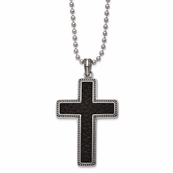 Black Leather Inlay Cross 22in Necklace